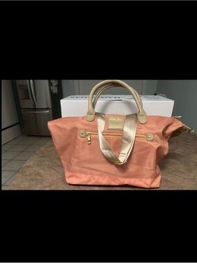 Coral Tote Bag with Gold Hardware and Neutral Handles